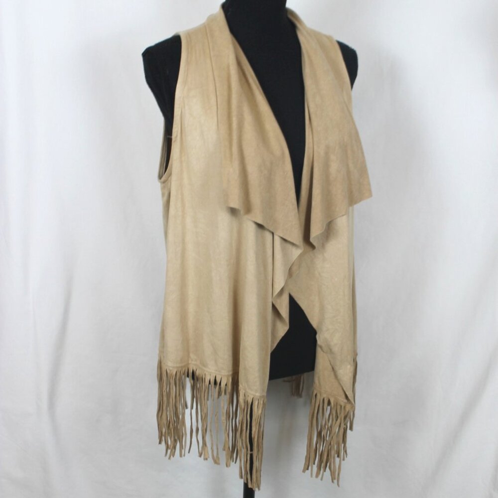 Kandy Kiss Tan Open Front Micro Fiber Fringe Vest Woman Size Large Southwestern